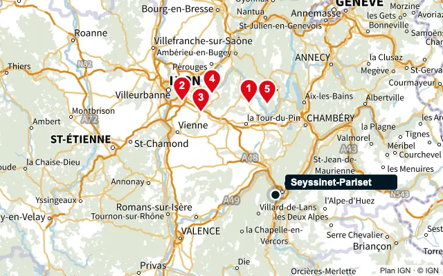 Carte : Seyssinet-Pariset et les 5 agences de la liste, numérotées de 1 à 5