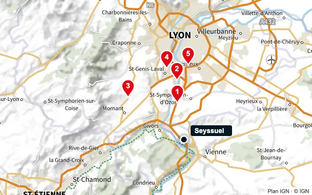 Carte : Seyssuel et les 5 agences de la liste, numérotées de 1 à 5