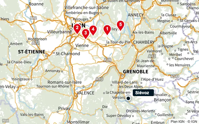 Carte : Siévoz et les 5 agences de la liste, numérotées de 1 à 5