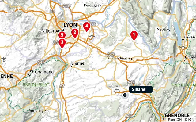 Carte : Sillans et les 5 agences de la liste, numérotées de 1 à 5