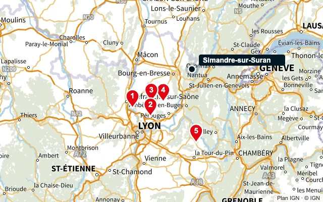 Carte : Simandre-sur-Suran et les 5 agences de la liste, numérotées de 1 à 5