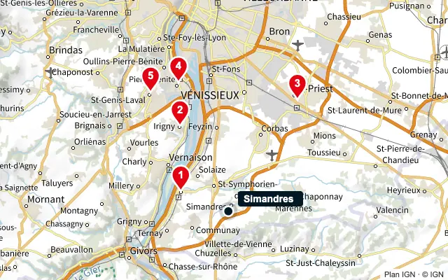 Carte : Simandres et les 5 agences de la liste, numérotées de 1 à 5