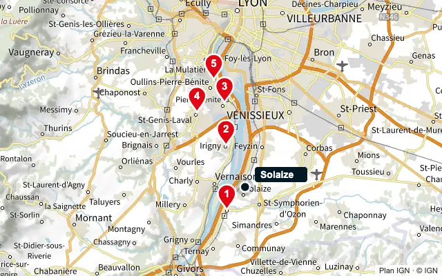 Carte : Solaize et les 5 agences de la liste, numérotées de 1 à 5