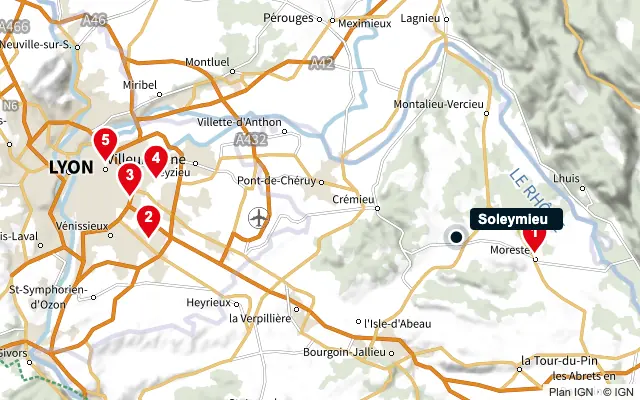 Carte : Soleymieu et les 5 agences de la liste, numérotées de 1 à 5