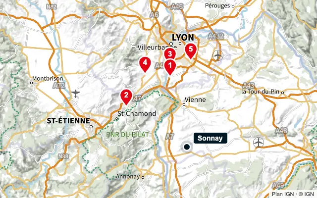 Carte : Sonnay et les 5 agences de la liste, numérotées de 1 à 5