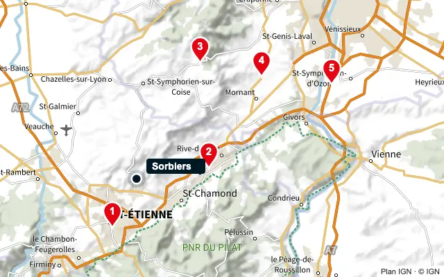 Carte : Sorbiers et les 5 agences de la liste, numérotées de 1 à 5