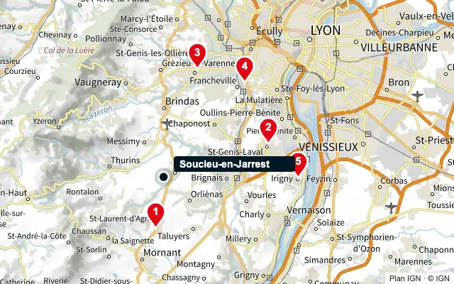 Carte : Soucieu-en-Jarrest et les 5 agences de la liste, numérotées de 1 à 5