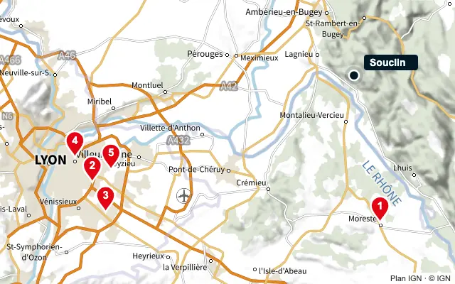 Carte : Souclin et les 5 agences de la liste, numérotées de 1 à 5