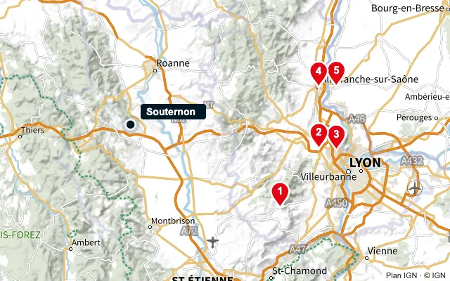 Carte : Souternon et les 5 agences de la liste, numérotées de 1 à 5
