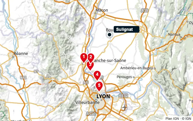 Carte : Sulignat et les 5 agences de la liste, numérotées de 1 à 5