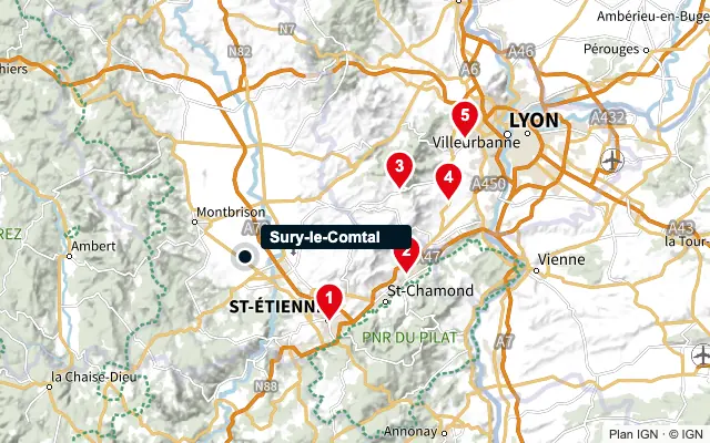 Carte : Sury-le-Comtal et les 5 agences de la liste, numérotées de 1 à 5