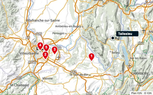 Carte : Talissieu et les 5 agences de la liste, numérotées de 1 à 5