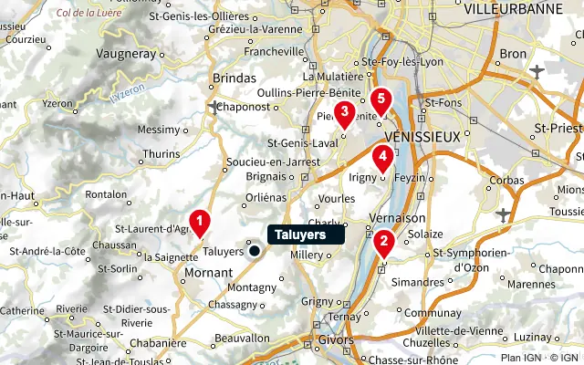 Carte : Taluyers et les 5 agences de la liste, numérotées de 1 à 5