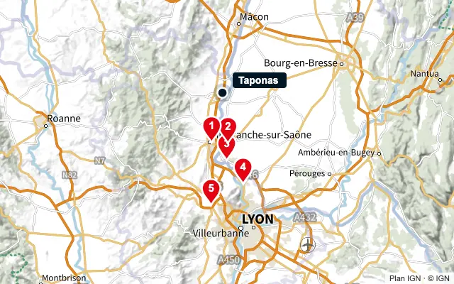 Carte : Taponas et les 5 agences de la liste, numérotées de 1 à 5