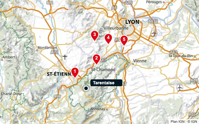 Carte : Tarentaise et les 5 agences de la liste, numérotées de 1 à 5