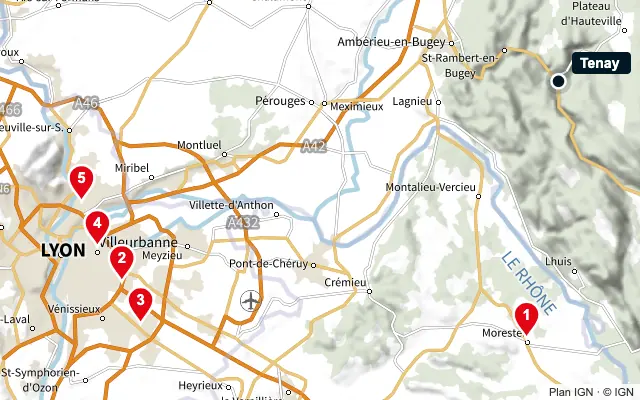 Carte : Tenay et les 5 agences de la liste, numérotées de 1 à 5
