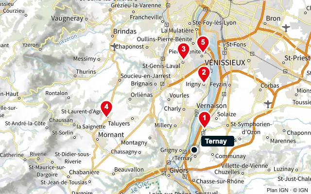 Carte : Ternay et les 5 agences de la liste, numérotées de 1 à 5