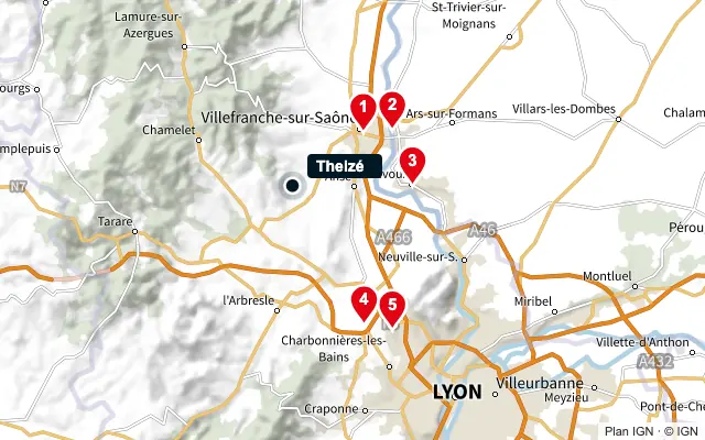 Carte : Theizé et les 5 agences de la liste, numérotées de 1 à 5