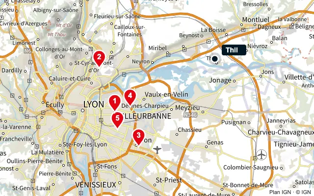 Carte : Thil et les 5 agences de la liste, numérotées de 1 à 5