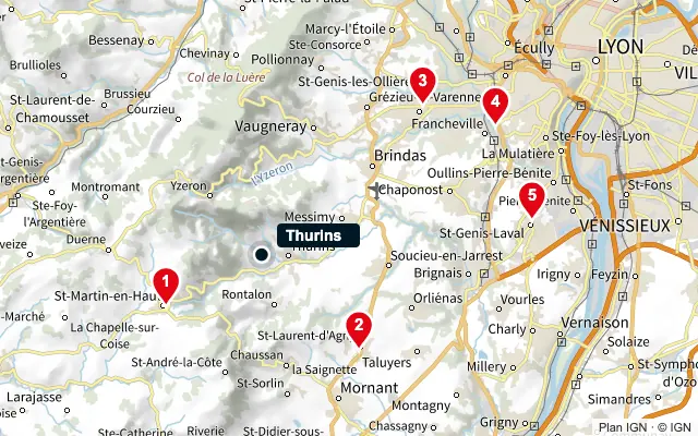Carte : Thurins et les 5 agences de la liste, numérotées de 1 à 5