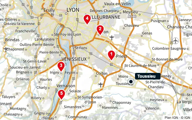 Carte : Toussieu et les 5 agences de la liste, numérotées de 1 à 5