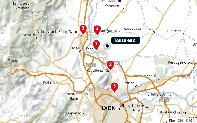 Carte : Toussieux et les 5 agences de la liste, numérotées de 1 à 5