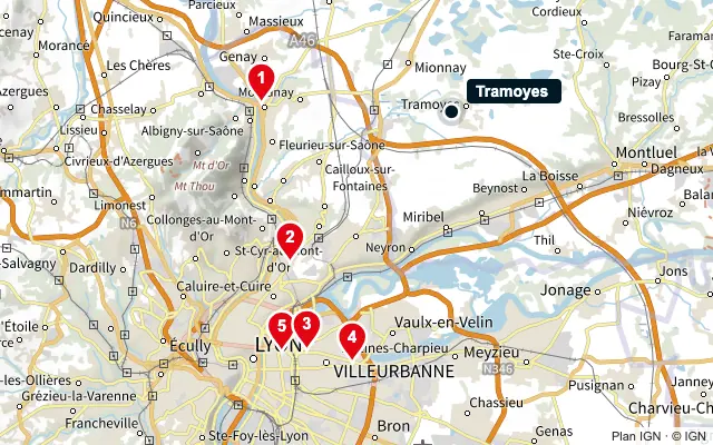 Carte : Tramoyes et les 5 agences de la liste, numérotées de 1 à 5