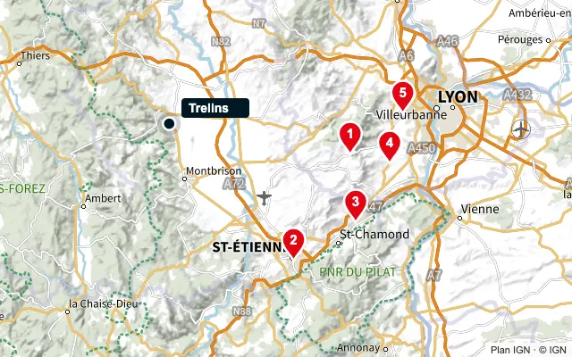 Carte : Trelins et les 5 agences de la liste, numérotées de 1 à 5