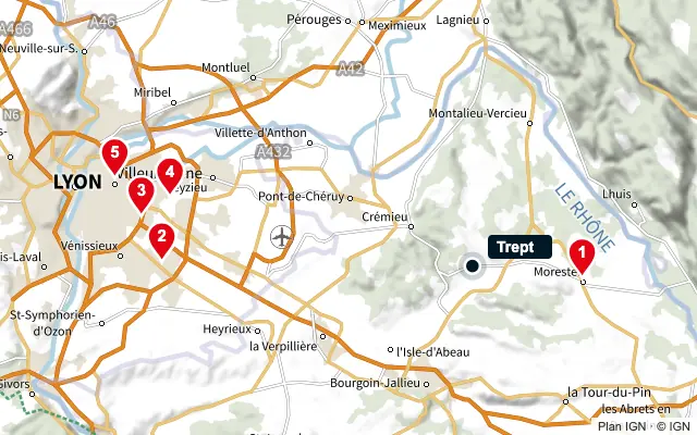 Carte : Trept et les 5 agences de la liste, numérotées de 1 à 5