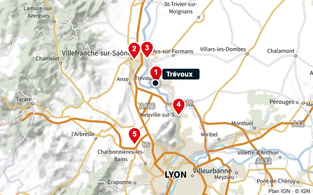 Carte : Trévoux et les 5 agences de la liste, numérotées de 1 à 5