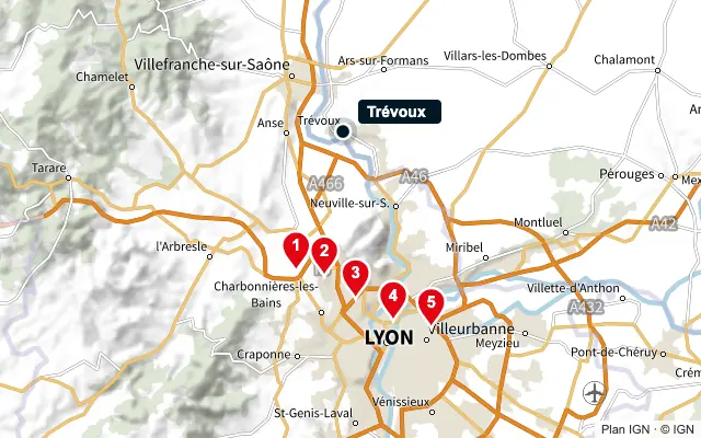 Carte : Trévoux et les 5 agences de la liste, numérotées de 1 à 5