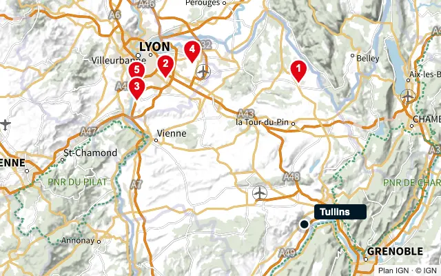 Carte : Tullins et les 5 agences de la liste, numérotées de 1 à 5