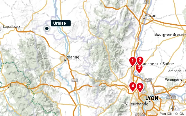 Carte : Urbise et les 5 agences de la liste, numérotées de 1 à 5