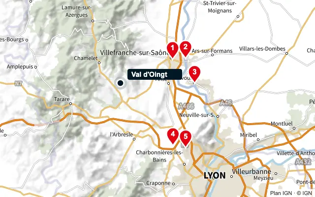 Carte : Val d'Oingt et les 5 agences de la liste, numérotées de 1 à 5