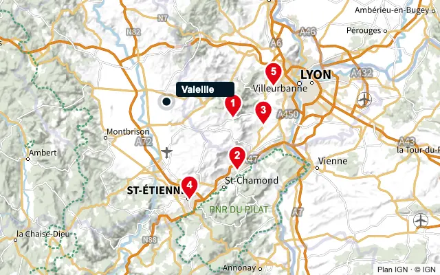 Carte : Valeille et les 5 agences de la liste, numérotées de 1 à 5