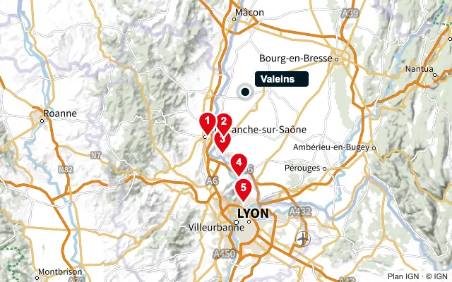 Carte : Valeins et les 5 agences de la liste, numérotées de 1 à 5