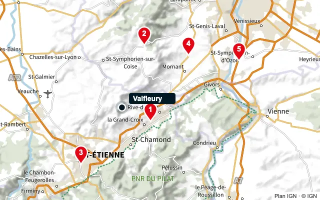 Carte : Valfleury et les 5 agences de la liste, numérotées de 1 à 5