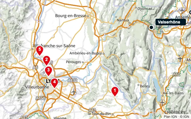 Carte : Valserhône et les 5 agences de la liste, numérotées de 1 à 5
