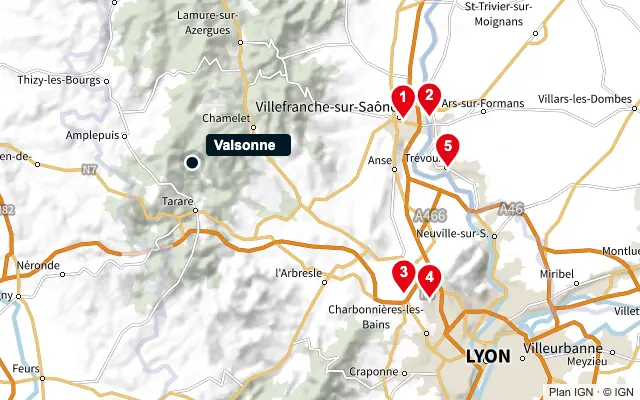 Carte : Valsonne et les 5 agences de la liste, numérotées de 1 à 5