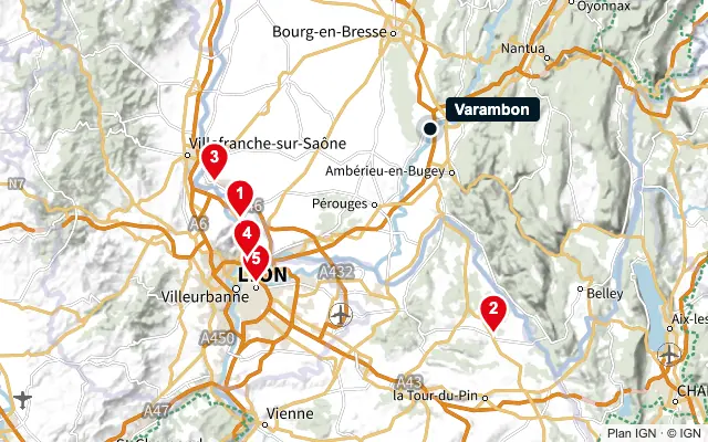 Carte : Varambon et les 5 agences de la liste, numérotées de 1 à 5