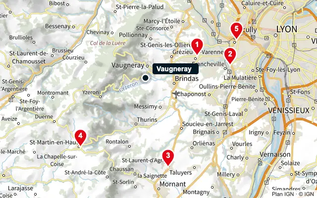 Carte : Vaugneray et les 5 agences de la liste, numérotées de 1 à 5