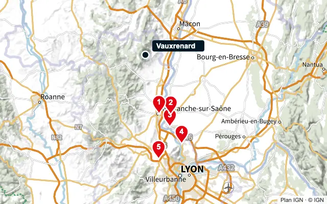 Carte : Vauxrenard et les 5 agences de la liste, numérotées de 1 à 5