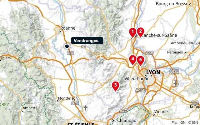 Carte : Vendranges et les 5 agences de la liste, numérotées de 1 à 5