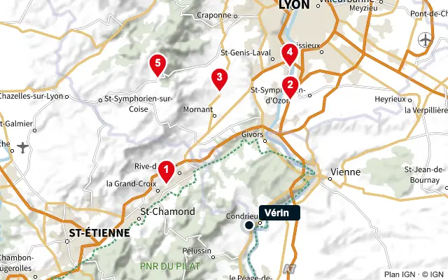 Carte : Vérin et les 5 agences de la liste, numérotées de 1 à 5