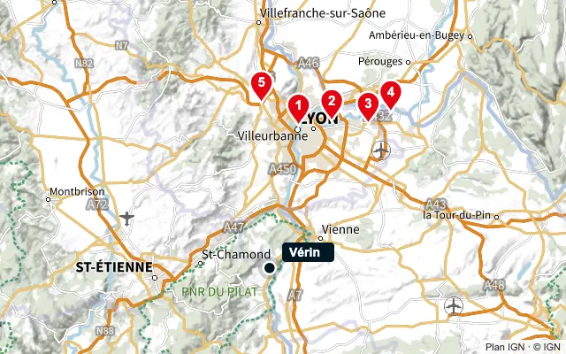 Carte : Vérin et les 5 agences de la liste, numérotées de 1 à 5