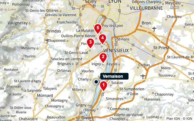 Carte : Vernaison et les 5 agences de la liste, numérotées de 1 à 5