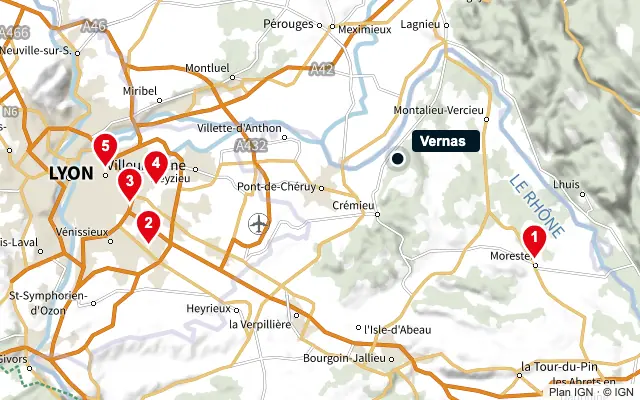Carte : Vernas et les 5 agences de la liste, numérotées de 1 à 5
