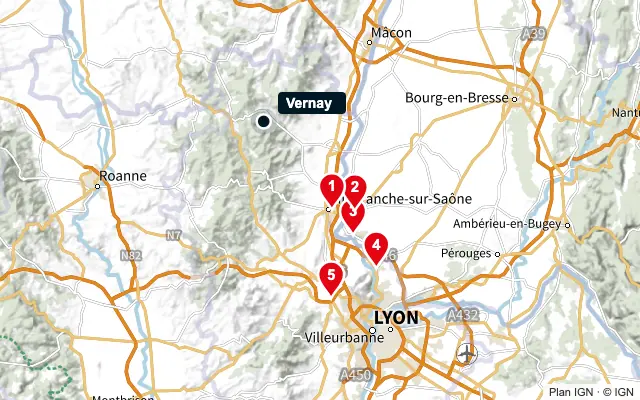 Carte : Vernay et les 5 agences de la liste, numérotées de 1 à 5