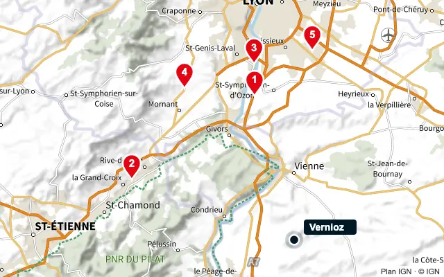 Carte : Vernioz et les 5 agences de la liste, numérotées de 1 à 5