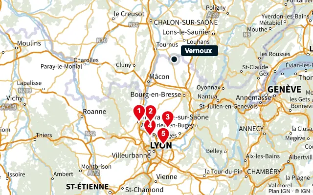 Carte : Vernoux et les 5 agences de la liste, numérotées de 1 à 5
